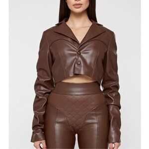 Maniere De Voir Brown Vegan Leather Cropped Jacket